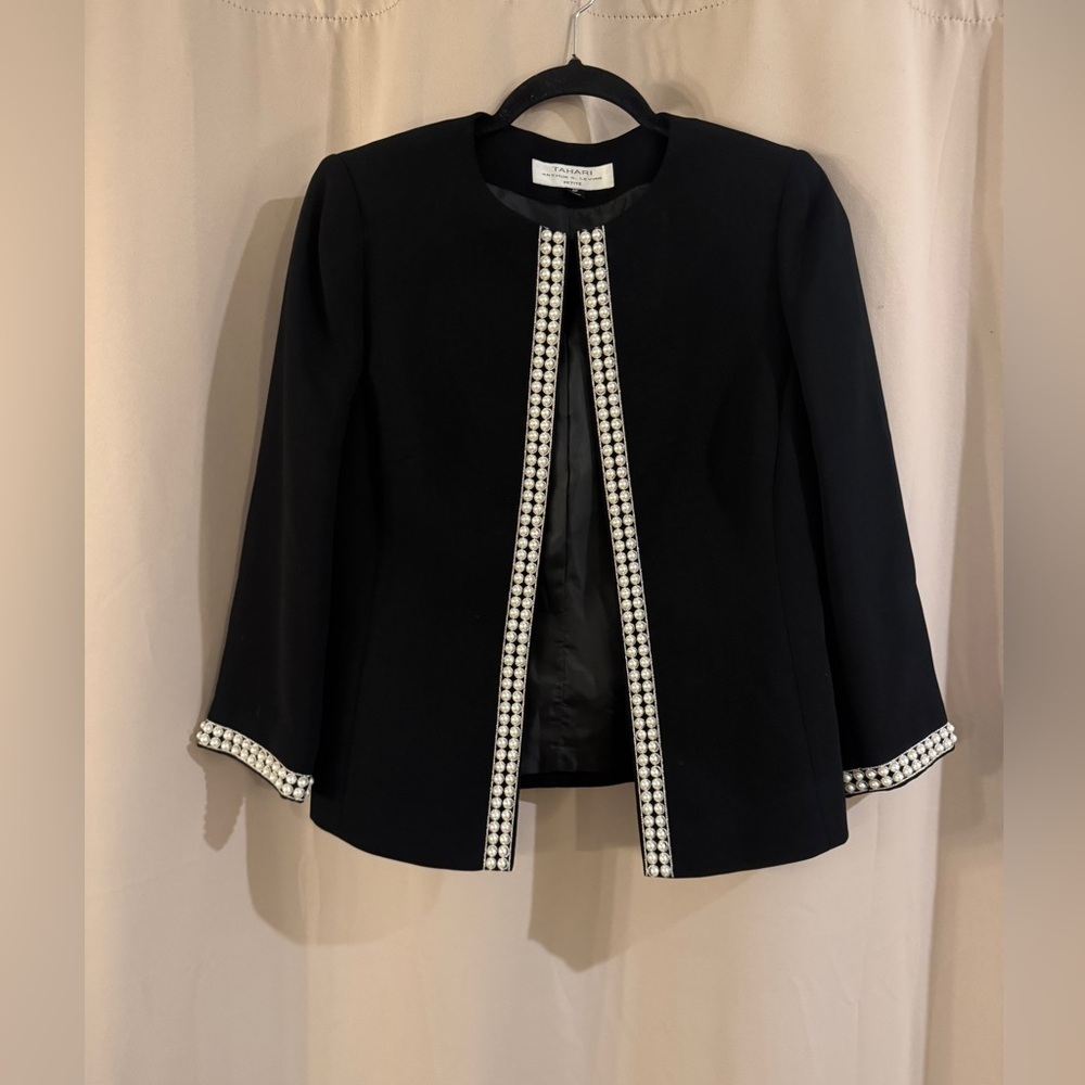 Tahari Black Jacket with Pearl White Trim